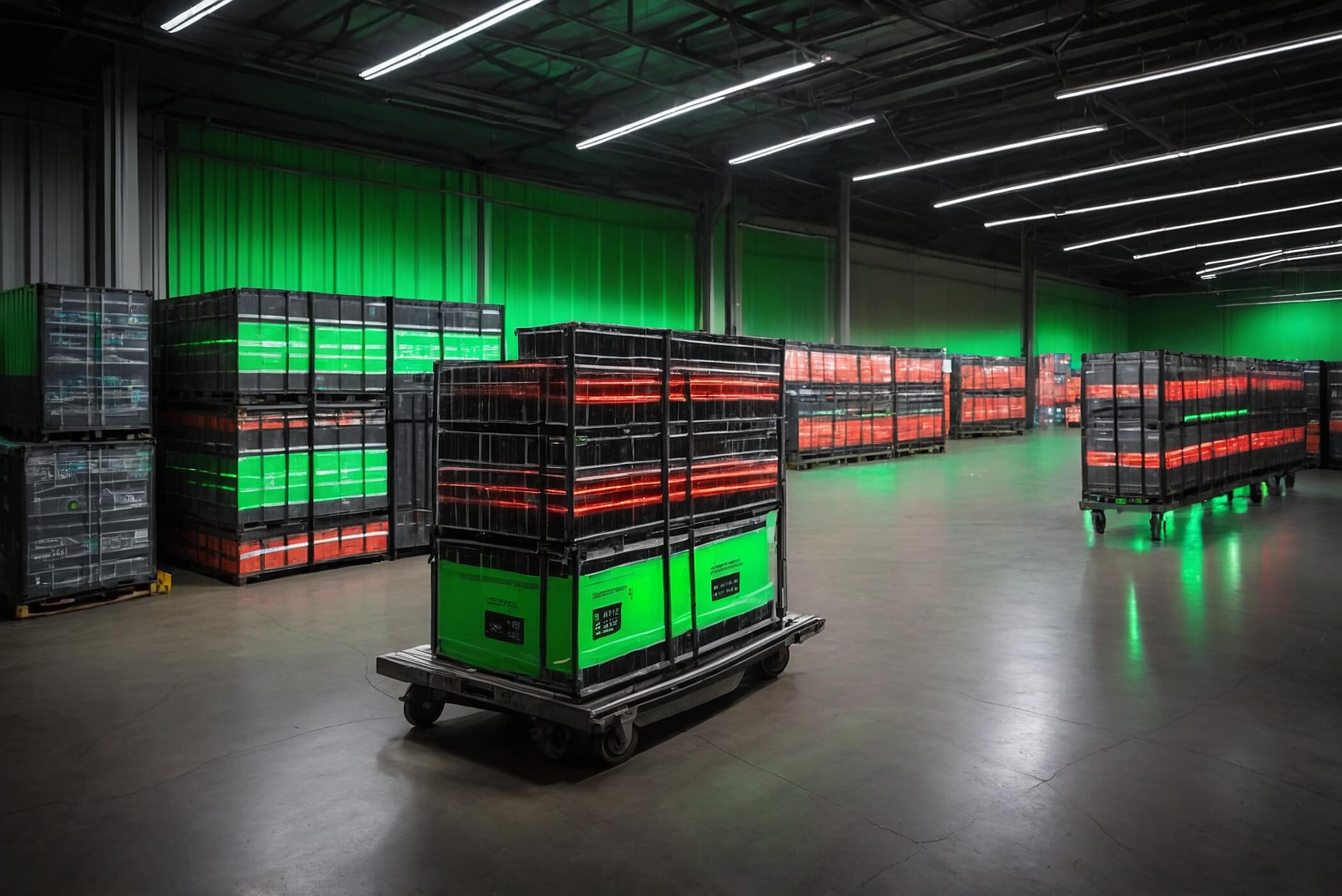 A high-resolution iPhone 16 Pro photo of a modern warehouse interior with rows of stacked shipping containers and pallets under cool LED lighting; each container features subtle glowing digital QR code and RFID tag overlays in green and red; in the foreground a sleek metal cart holds a tablet displaying real-time exposure risk graphs with color-coded alerts; shallow depth of field, crisp textures, gentle shadows, cinematic atmosphere.