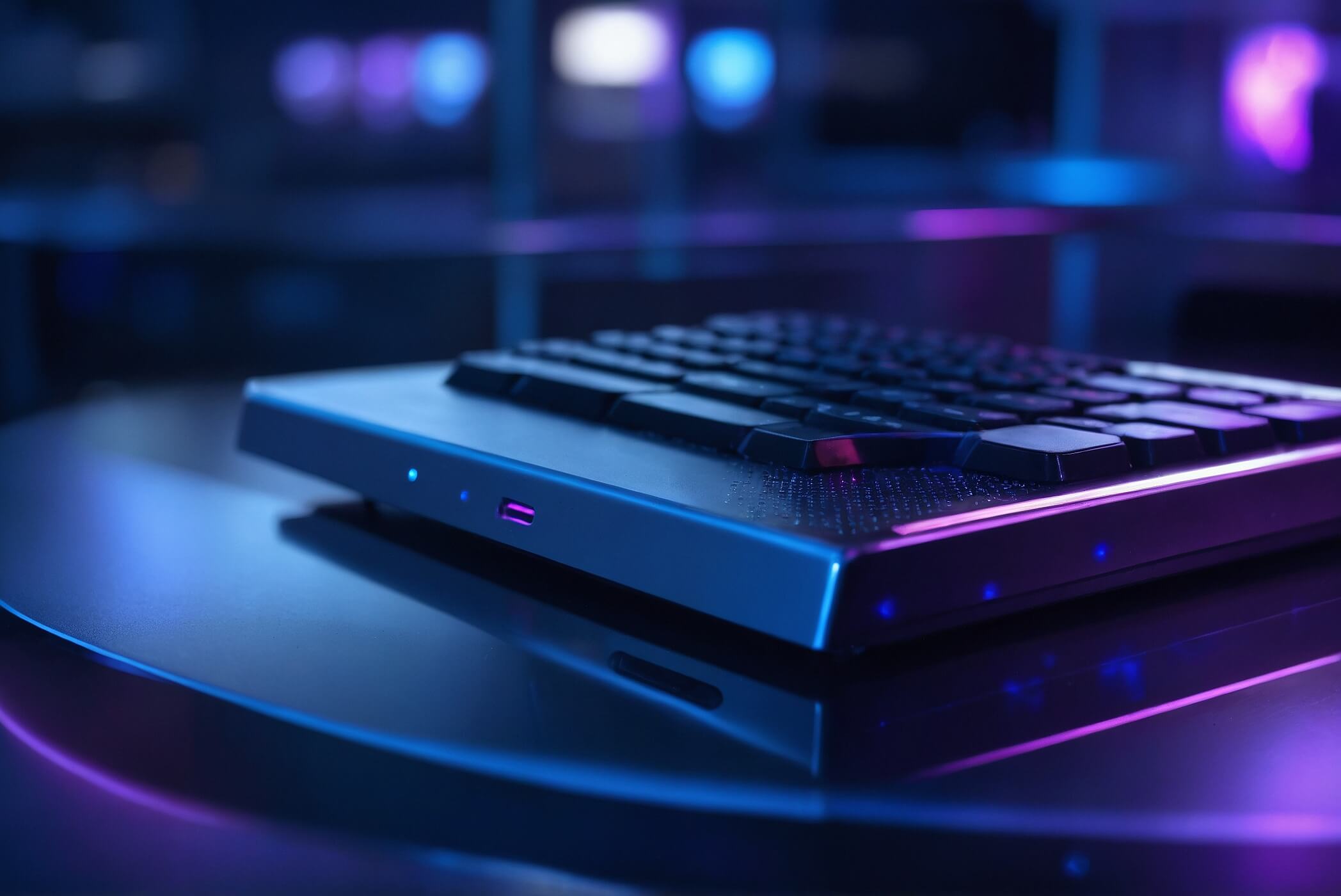 Ultra-realistic shot taken with an iPhone 16 Pro in cinematic mode: a sleek glass tabletop in a dimly lit modern workspace, a thin laptop displaying a floating translucent holographic padlock and cloud icon above the keyboard, soft blue and purple LED reflections on polished metal circuit‐board panels in the background, subtle bokeh hints of server racks, shallow depth of field, high dynamic range, crisp textures and moody ambient lighting.